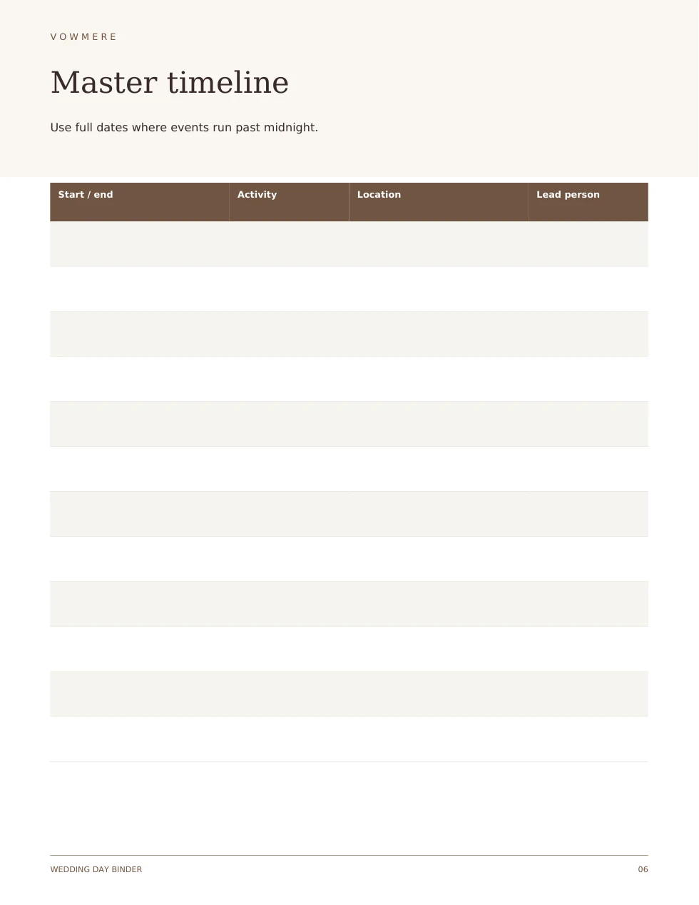 Wedding-day binder master timeline